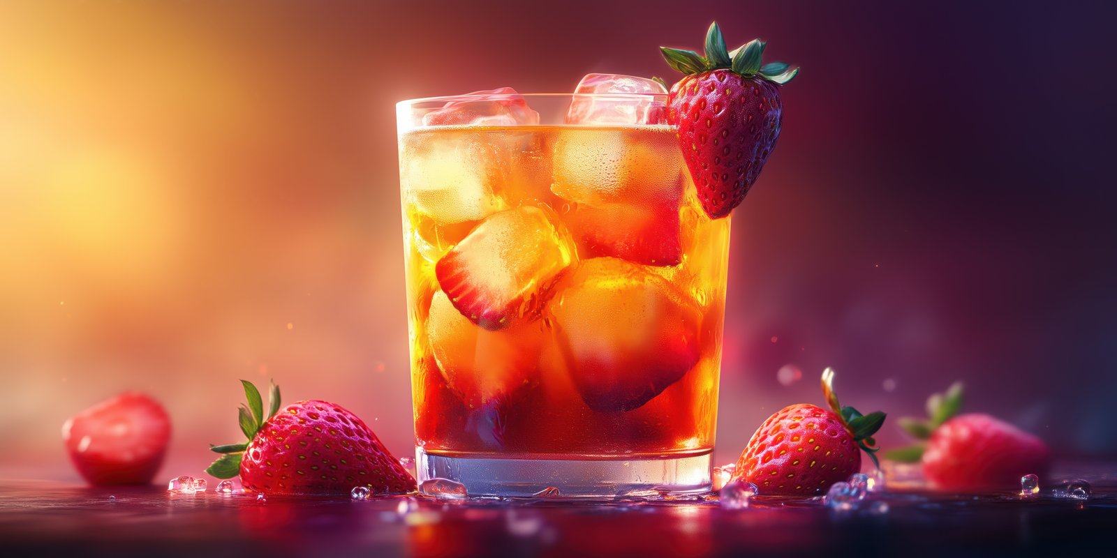 Refreshing cocktail with strawberries on a wooden table during sunset